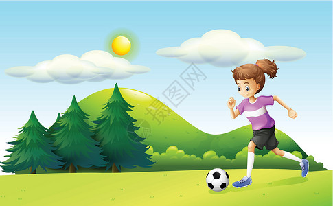 一个女孩踢足球太阳女孩爬坡步法天空树木球形晴天杂草树叶设计图片