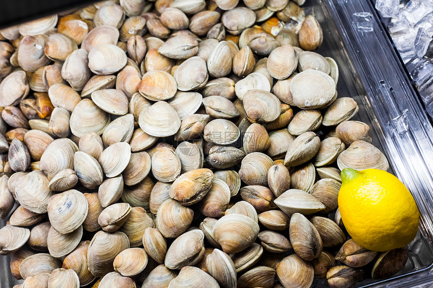 餐厅鱼柜中的礁石矿蛤蜊食谱动物盘子桌子海鲜营养柜台午餐食物图片