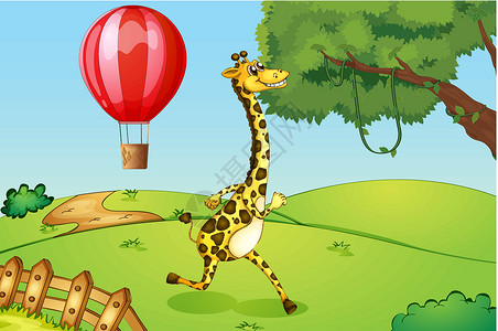 奔跑长颈鹿一个长颈鹿跑动和一个漂浮的热气球插画
