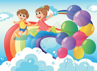 孩子们在天上玩彩虹享受男性空气球形跑步女性玩伴绅士女士紫色设计图片
