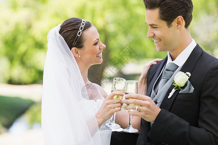 新婚夫妇在公园里烤香槟新娘生活婚礼玻璃婚姻套装女性燕尾服男性夫妻开端高清图片素材