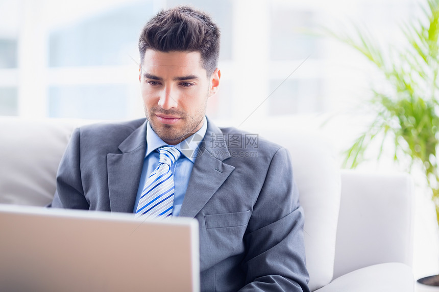 青年商务人士用笔记本电脑坐在沙发上图片