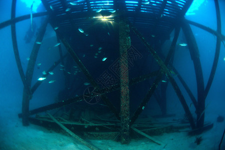 比探险岛在马布尔-S的潜水中心附近 木桥在极光下潜入水下背景