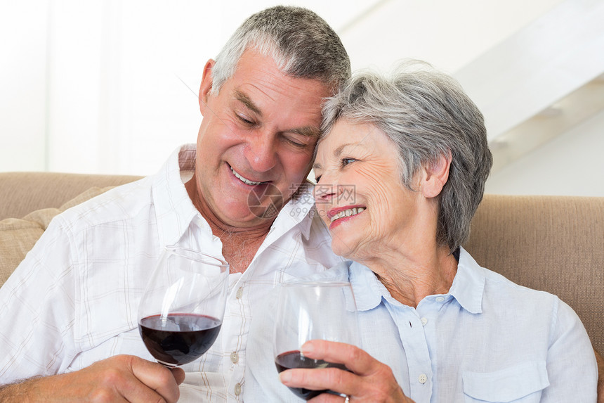 坐在沙发上喝红酒的老夫妇快乐流金老年男性岁月长椅退休住所闲暇微笑图片