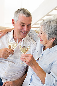 坐在沙发上喝白葡萄酒的老年夫妇酒杯微笑白酒岁月感情男人闲暇家庭男性住所背景图片