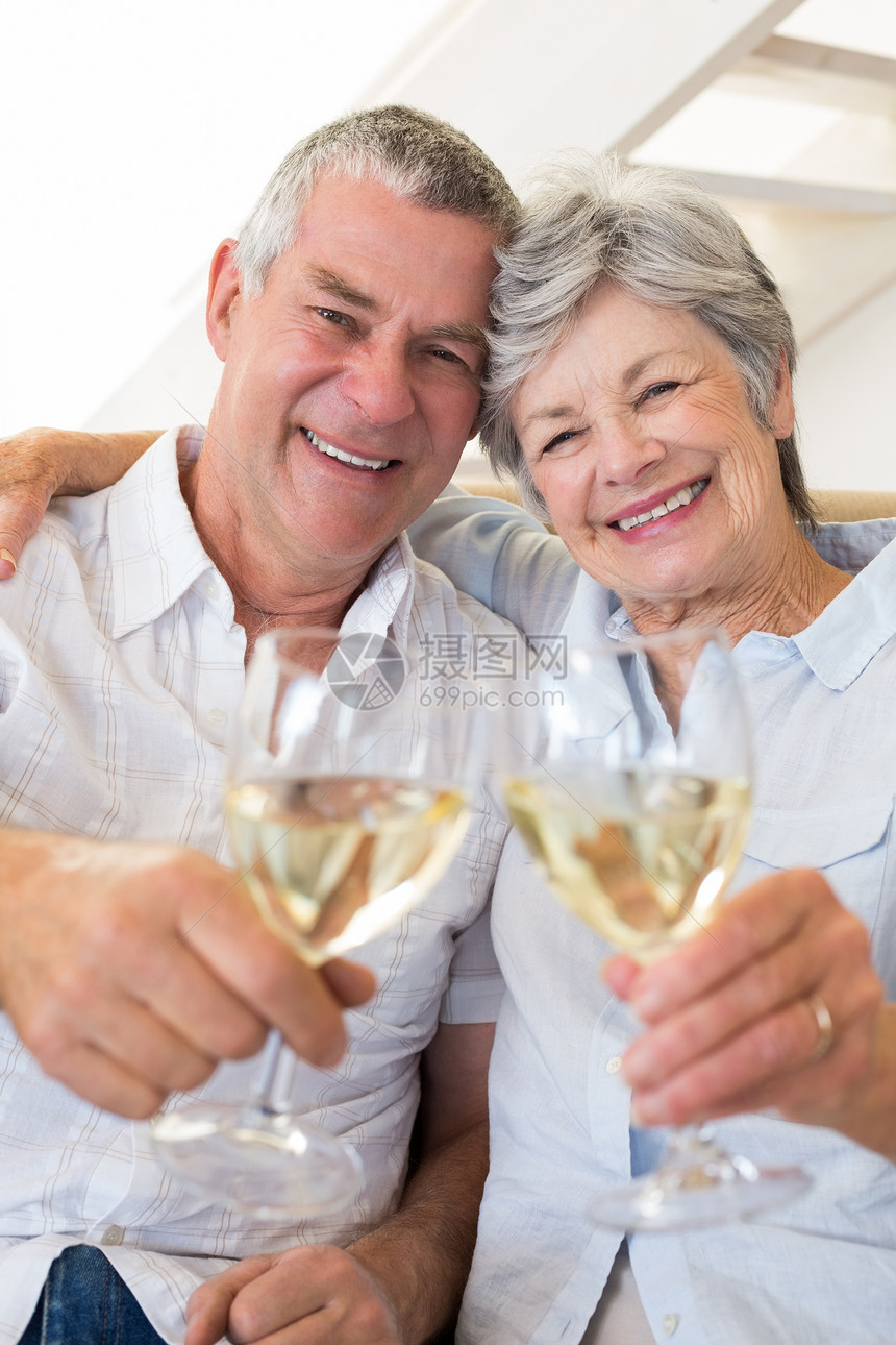 坐在沙发上喝白葡萄酒的老年夫妇岁月微笑酒杯女士公寓客厅女性流金家庭快乐图片