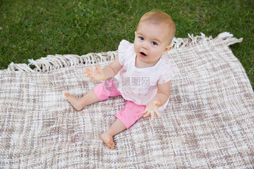 公园毛毯上可爱婴儿的肖像图片
