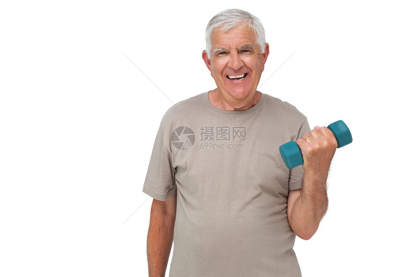 一个快乐的老人用哑铃练习的肖像举重人员运动竞技肌肉成人护理老年男人身体图片