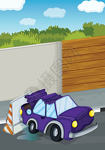 交通路障一辆紫色的汽车撞墙设计图片