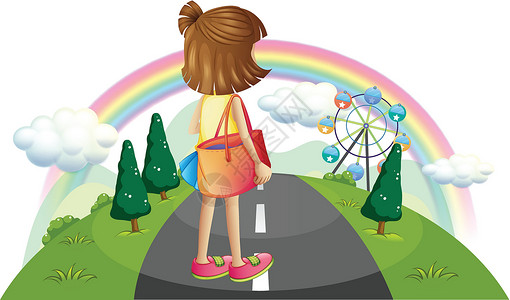 彩虹与路素材街中间站着一个年轻女孩 站在街上设计图片