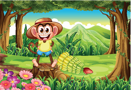 吃香蕉猴子在树桩上方的森林里 一只微笑的猴子设计图片