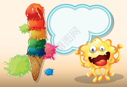 冰淇淋菜单一个巨大的冰淇淋 旁边的黄色怪物与一个空呼喊设计图片