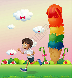 吃冰淇淋男孩一个男孩在一片充满糖果的土地上设计图片