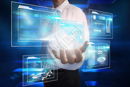 介绍4个接口的商务人士计算机人士界面电脑衬衫蓝色技术男性科技数字背景图片