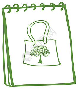 四边形背景封面页上有袋的绿色笔记本插画