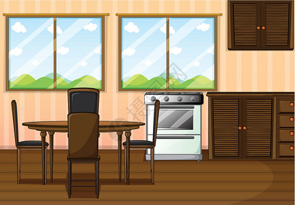 餐厅地面一个干净的餐厅窗户长方形房间内阁椅子房子建筑蓝色四边形桌子插画
