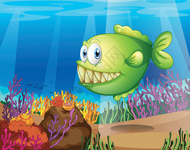 可怕食人鱼绿色食人鱼栖息地动物池塘礼物射线海洋珊瑚蓝色生物居民插画