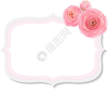 褐色中国风框架粉红玫瑰粘贴标签插画