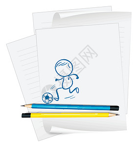 骑着铅笔的男孩一张画着一个男孩踢足球的纸设计图片