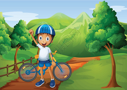 骑自行车的男孩有个男孩骑着自行车站在小路上设计图片