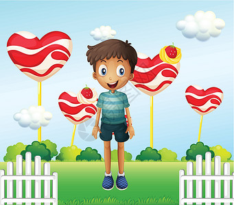 拜县草莓乐园一个微笑的年轻男孩 站在花园里 带着巨大的心声插画