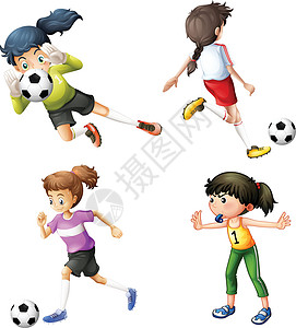 足球裁判员4个女孩踢足球插画