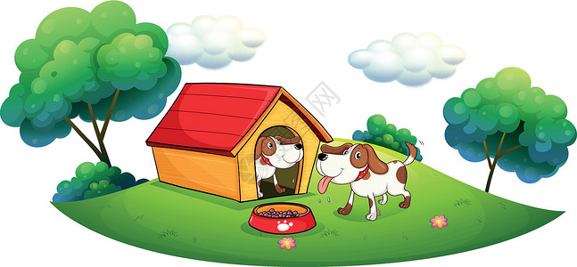 房子夫妻两只小狗和狗窝插画