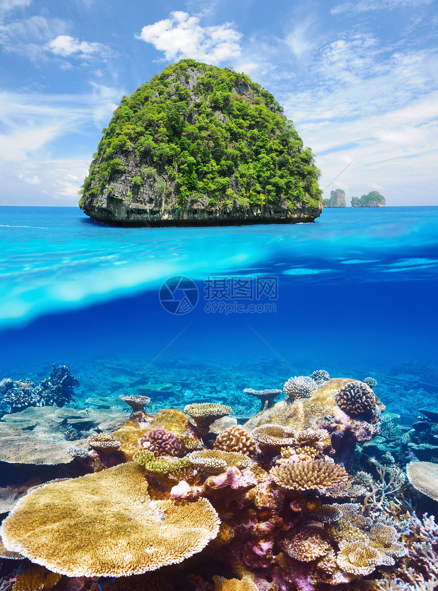 有珊瑚礁水下观测的无人居住的岛区海岸线情调环礁海滩地平线异国海浪棕榈热带假期图片