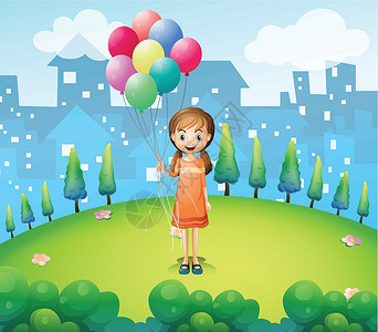 拿着橙子的女孩一个女孩在城里拿着气球设计图片