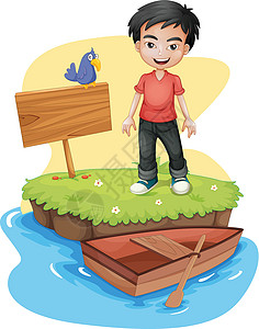 躺在船里男孩一个男孩在空手边 与一只鸟的招牌旁边设计图片