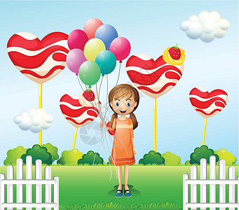 拜县草莓乐园一个女孩在糖果园 带着八个气球插画