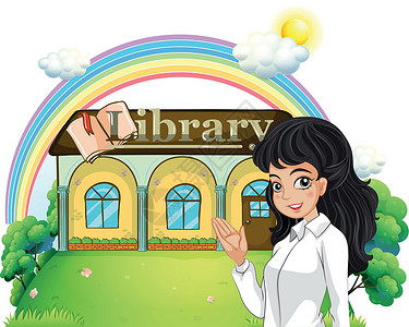图书馆介绍展架一位介绍图书馆的女士插画
