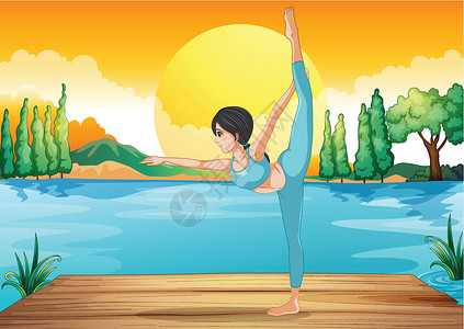 湖边瑜伽一个女孩沿河做瑜伽 在日落的风景下插画