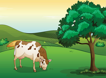 牛吃饲料食草牛绘画牛奶奶牛灌木草地植物风景阴影蓝色荒野设计图片
