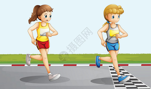 青少年马拉松两个可爱的女孩赛车插画