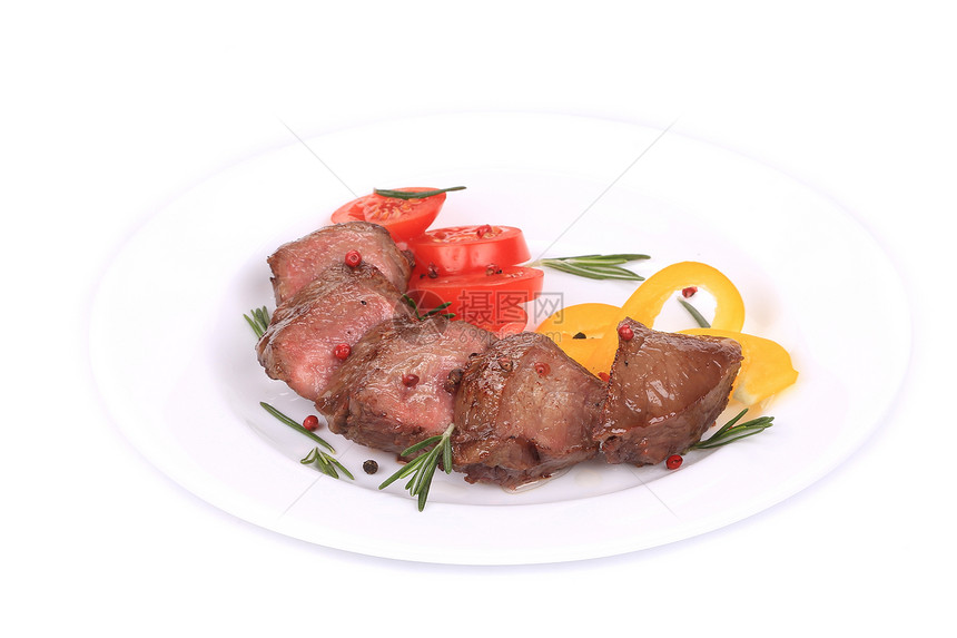 牛排加西红柿和迷迭香牛肉午餐腰部蔬菜炙烤烧烤水平用餐餐厅白色图片