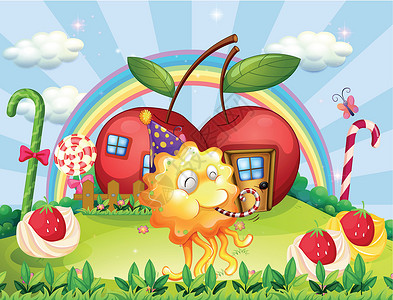 苹果棒棒糖滑稽怪兽后院山顶的苹果屋插画