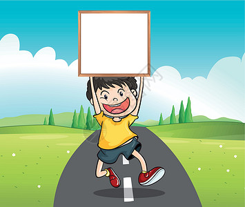 路标牌路边的男孩拿着一个空标牌插画