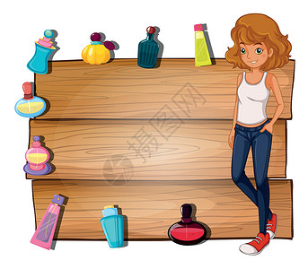 香水标志一个女孩和不同的香水 围绕空的标志墙周围设计图片