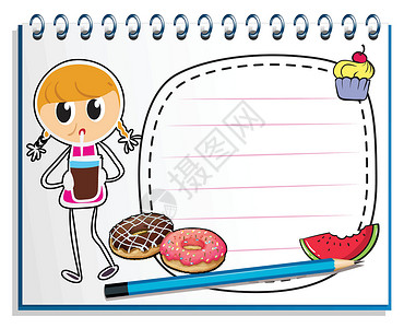 一本笔记本和一张女孩果汁的绘画背景图片
