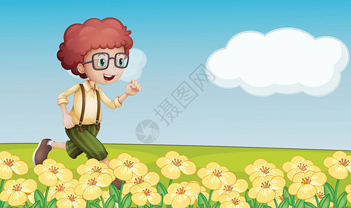 春节我在岗一个男孩在花岗田里跑来跑去设计图片
