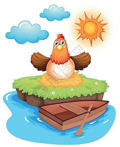 水鸡岛上的鸡蛋孵化鸡蛋太阳蓝色卡通片海洋女性母亲动物母鸡农场宠物插画