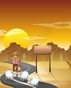 羊肉泡馍广告路边一个男孩和羊群 手持空标牌设计图片