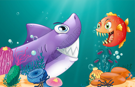 可怕食人鱼鲨鱼和海底下的食人鱼插画