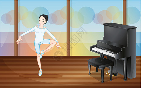 练习钢琴演播室里一个芭蕾舞舞蹈者 手持钢琴设计图片