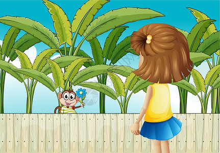 木墙附近的一个女孩和一只猴子香蕉宠物女士卡通片木头绘画栅栏裙子生物女孩植物高清图片素材