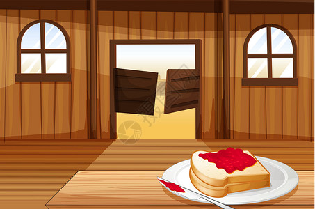 平开门酒馆里一个盘子里有三明治的桌子插画