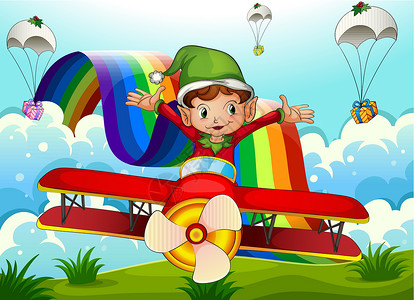 找彩虹的降落伞一架飞机有精灵 天上彩虹上有降落伞插画