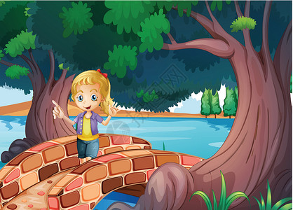 中山老桥一个女孩在大树附近的桥上插画