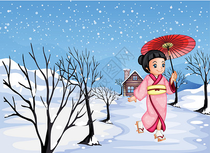 一个拿着伞的中国女孩 带着雪走在外边插画